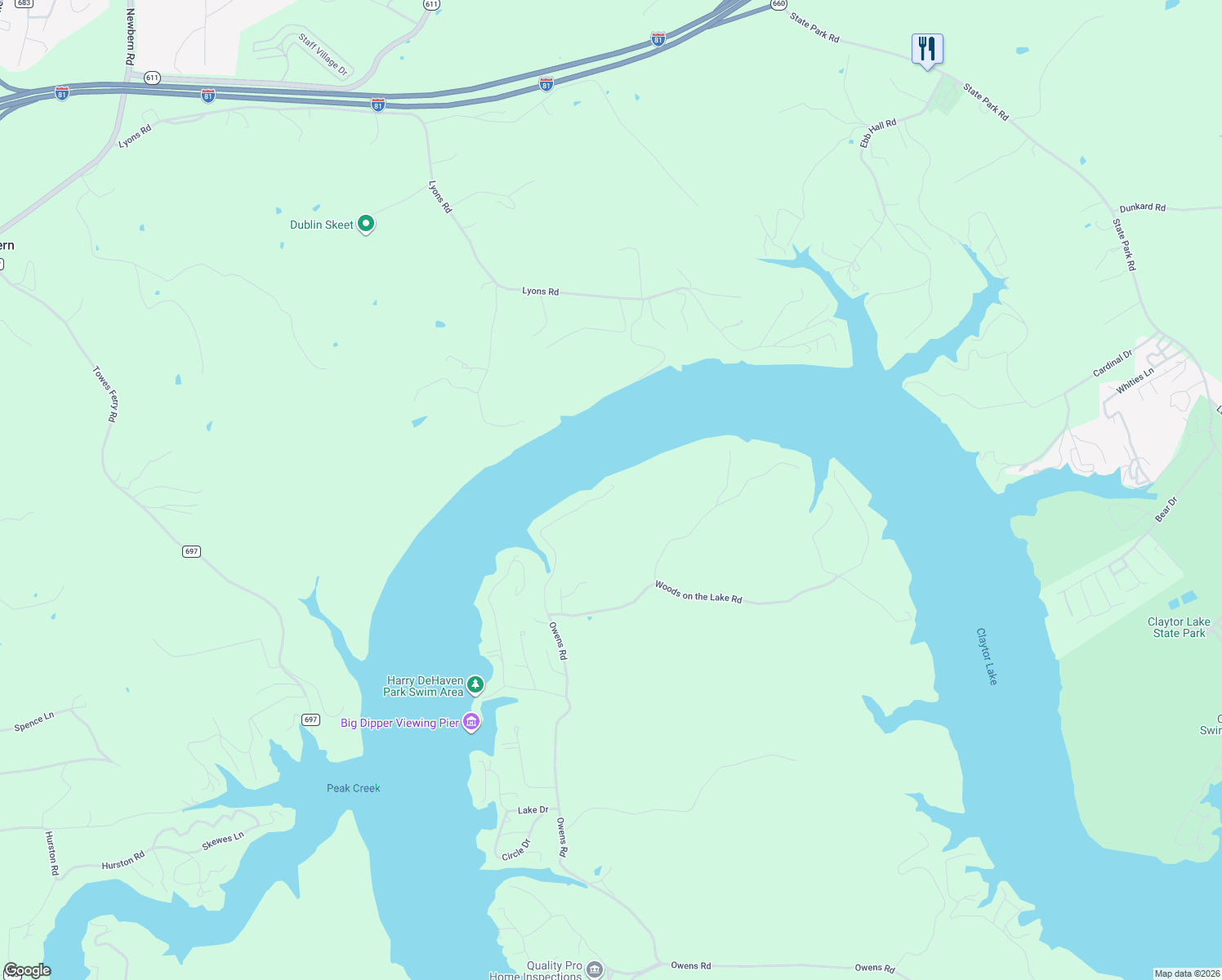 map of restaurants, bars, coffee shops, grocery stores, and more near 6898 Owens Road in Radford