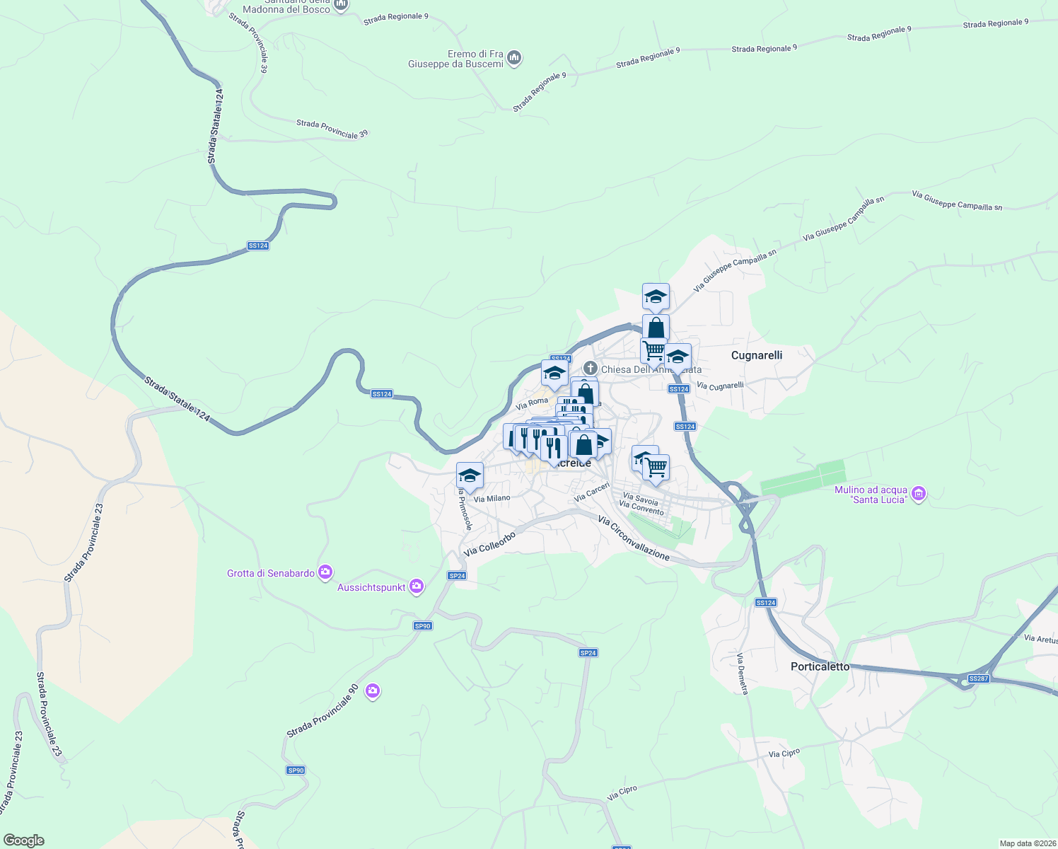map of restaurants, bars, coffee shops, grocery stores, and more near 64 Via Grotte in Palazzolo Acreide