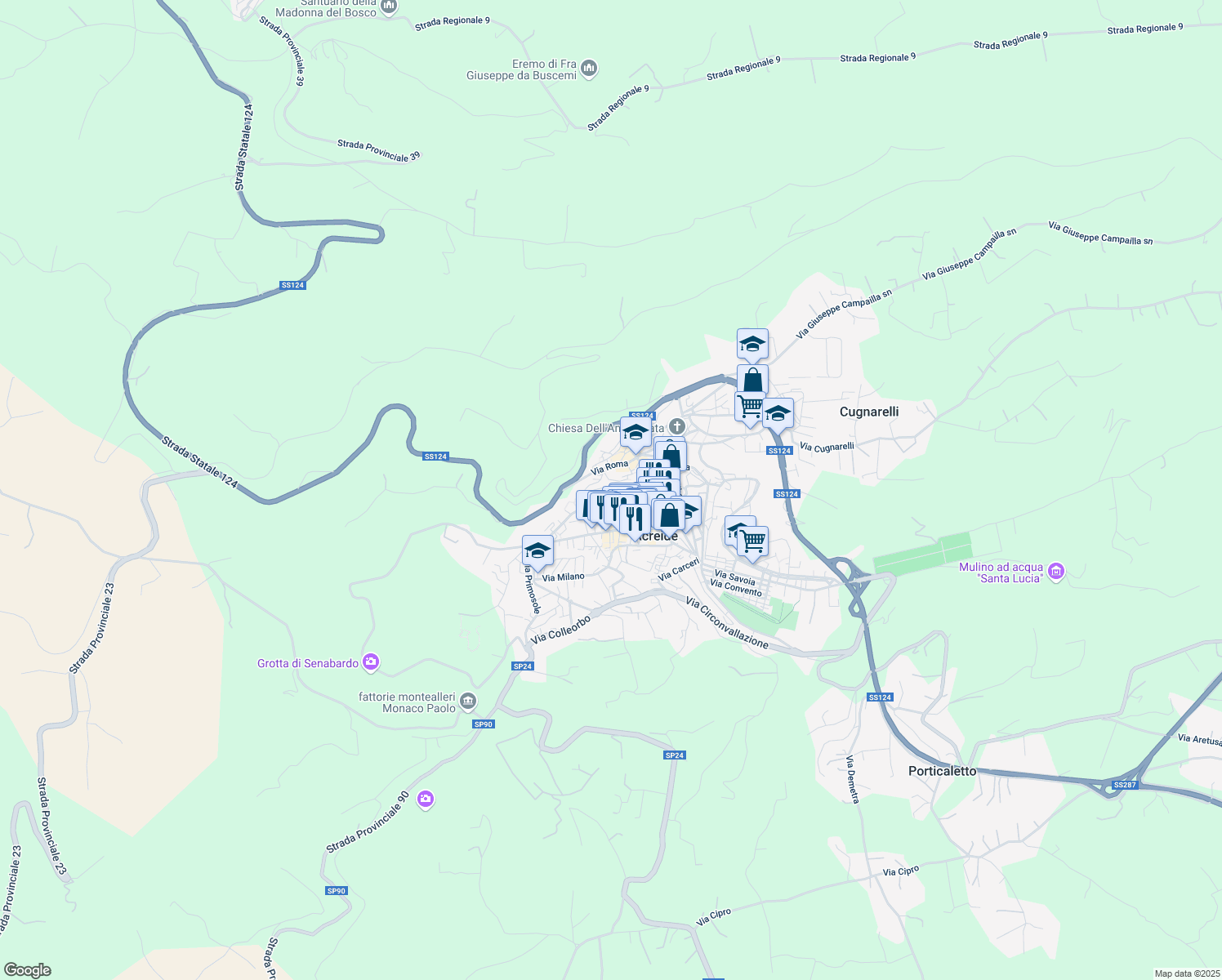 map of restaurants, bars, coffee shops, grocery stores, and more near 64 Via Grotte in Palazzolo Acreide