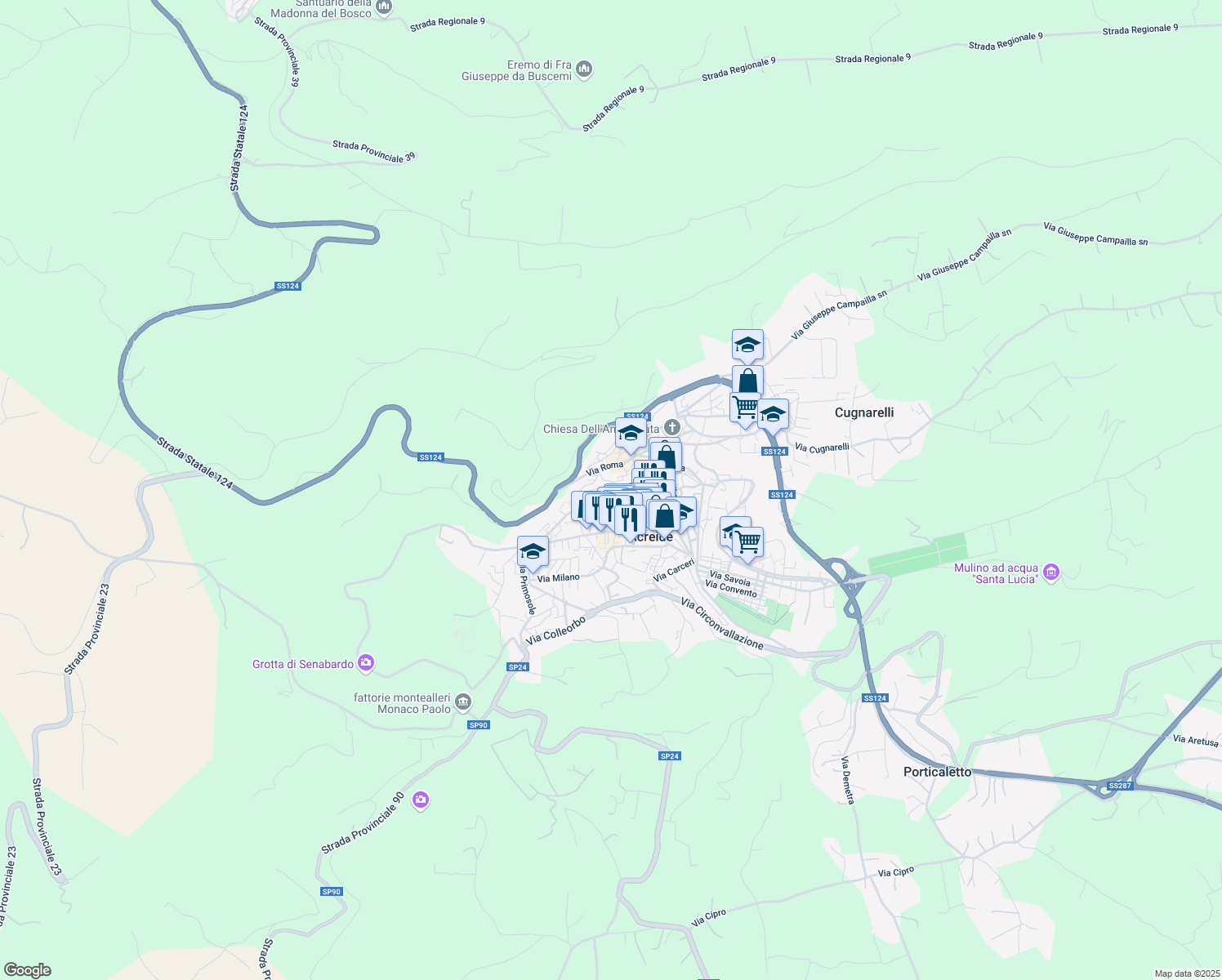 map of restaurants, bars, coffee shops, grocery stores, and more near 64 Via Grotte in Palazzolo Acreide