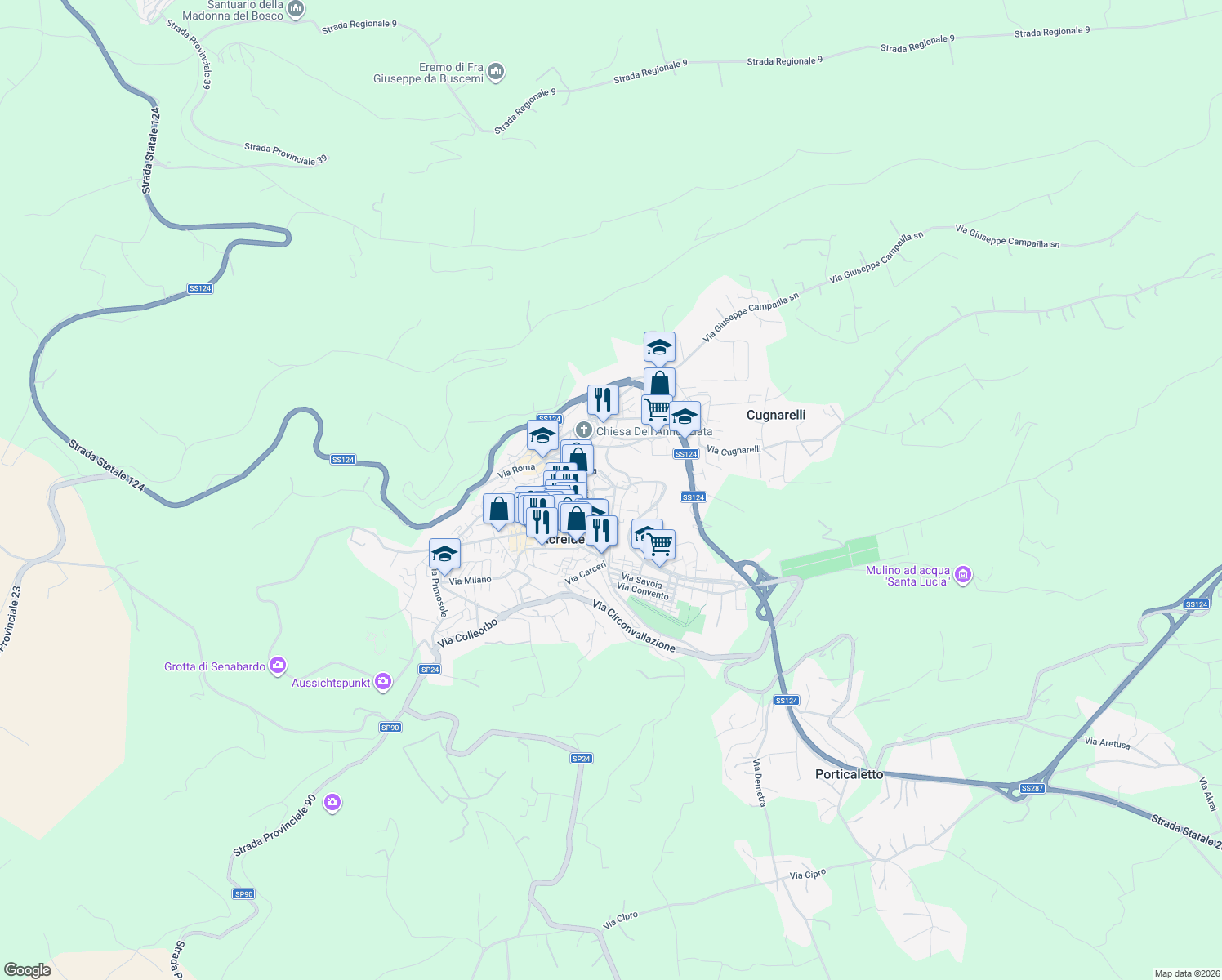 map of restaurants, bars, coffee shops, grocery stores, and more near 22 Via Sant'Antonio in Palazzolo Acreide