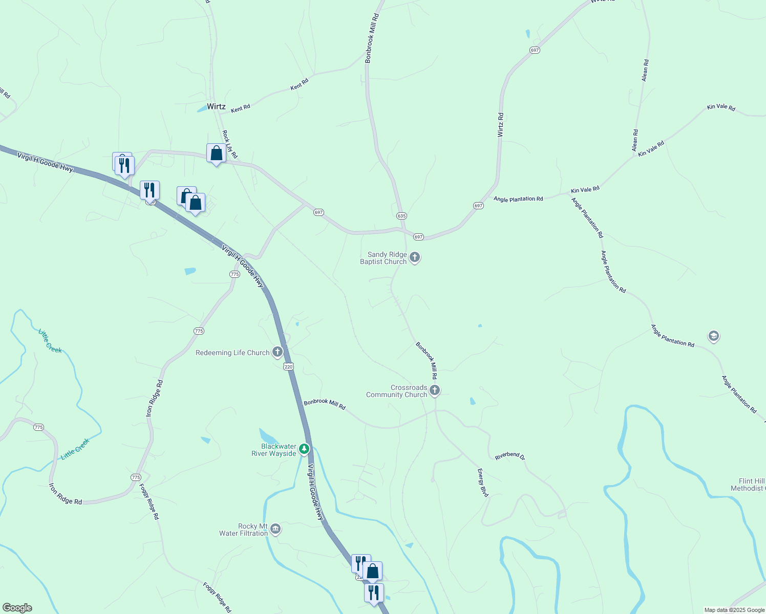map of restaurants, bars, coffee shops, grocery stores, and more near 55 Sink Dr in Rocky Mt
