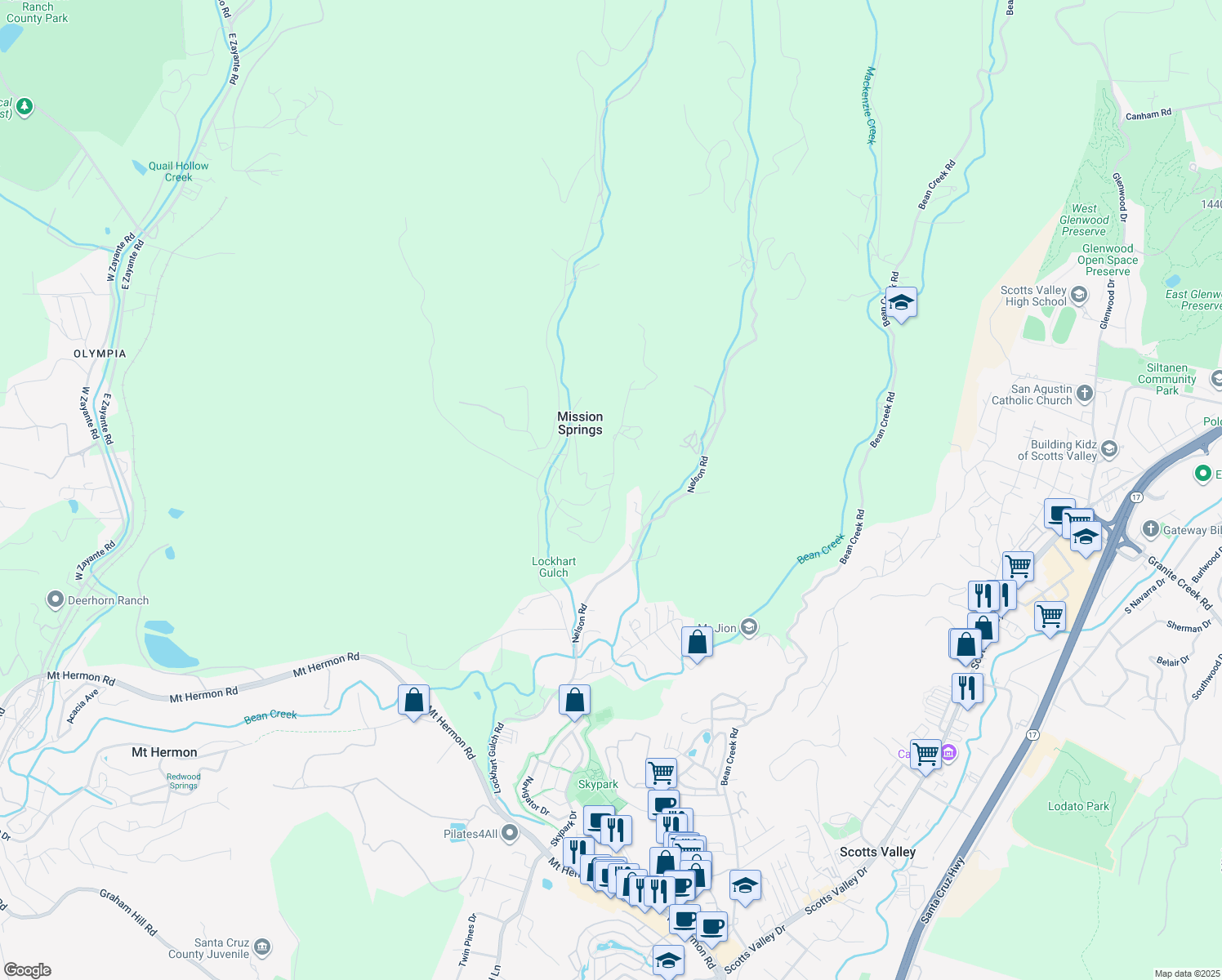 map of restaurants, bars, coffee shops, grocery stores, and more near 600 Cathedral Drive in Scotts Valley