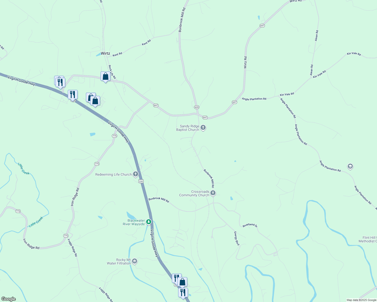 map of restaurants, bars, coffee shops, grocery stores, and more near 55 Sink Drive in Rocky Mount