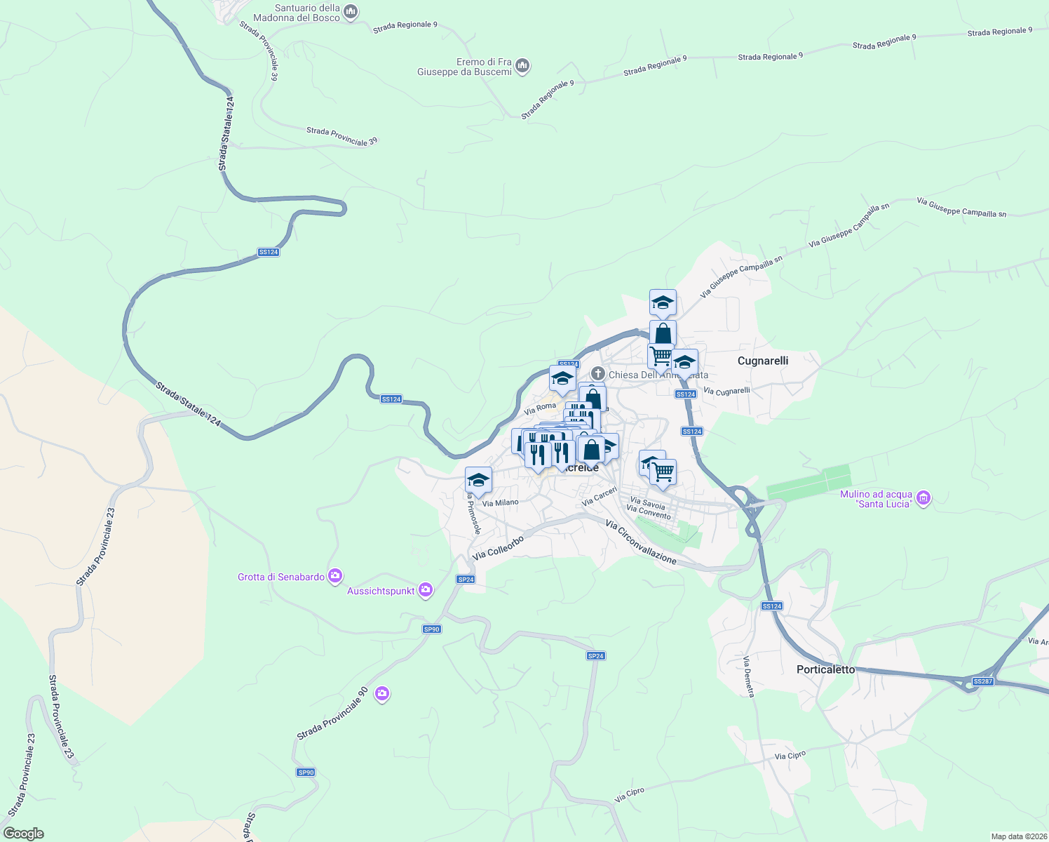 map of restaurants, bars, coffee shops, grocery stores, and more near 29 Via Scalilli in Palazzolo Acreide