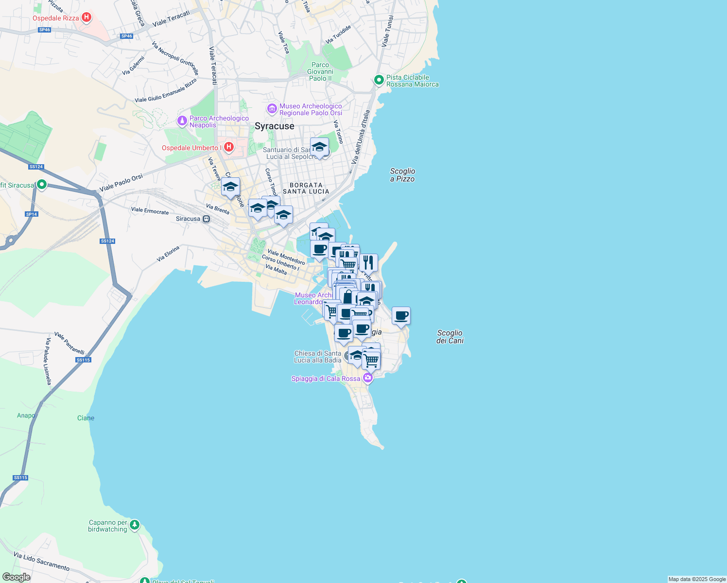 map of restaurants, bars, coffee shops, grocery stores, and more near 104 Via Dione in Syracuse