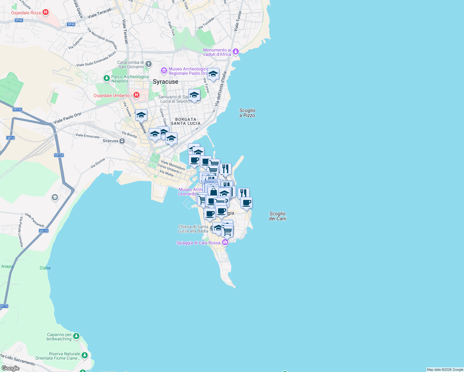 map of restaurants, bars, coffee shops, grocery stores, and more near 139 Via Vittorio Veneto in Syracuse