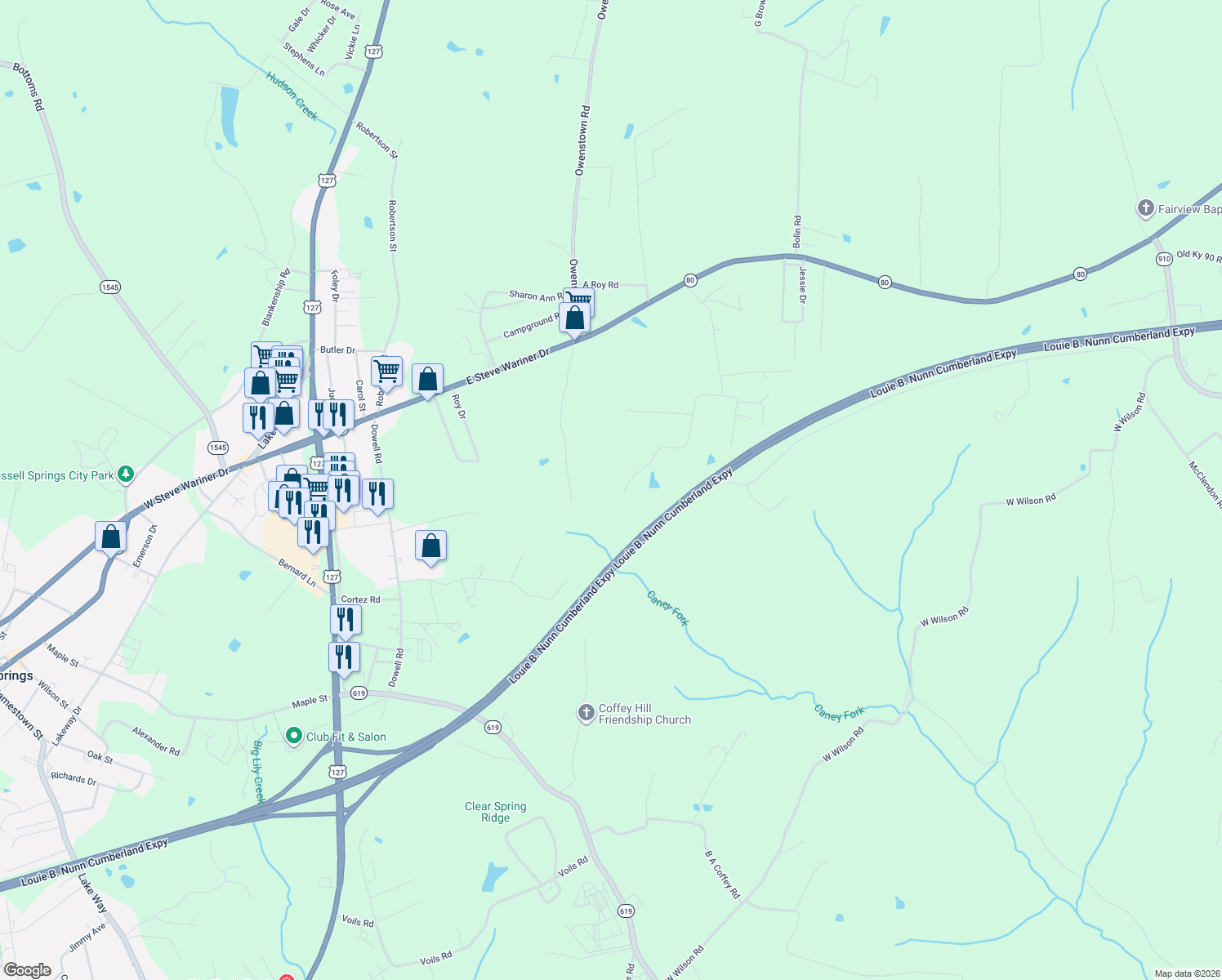 map of restaurants, bars, coffee shops, grocery stores, and more near 848 West Road in Russell Springs