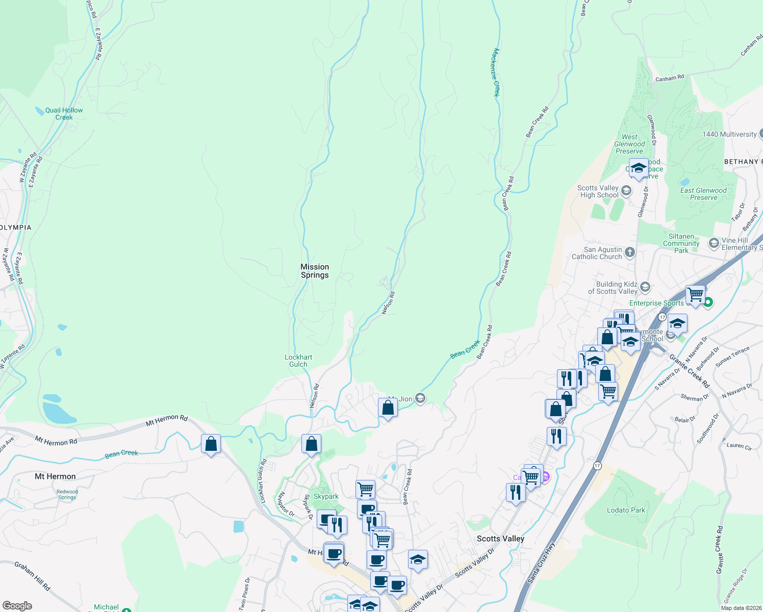 map of restaurants, bars, coffee shops, grocery stores, and more near 614 Nelson Road in Scotts Valley