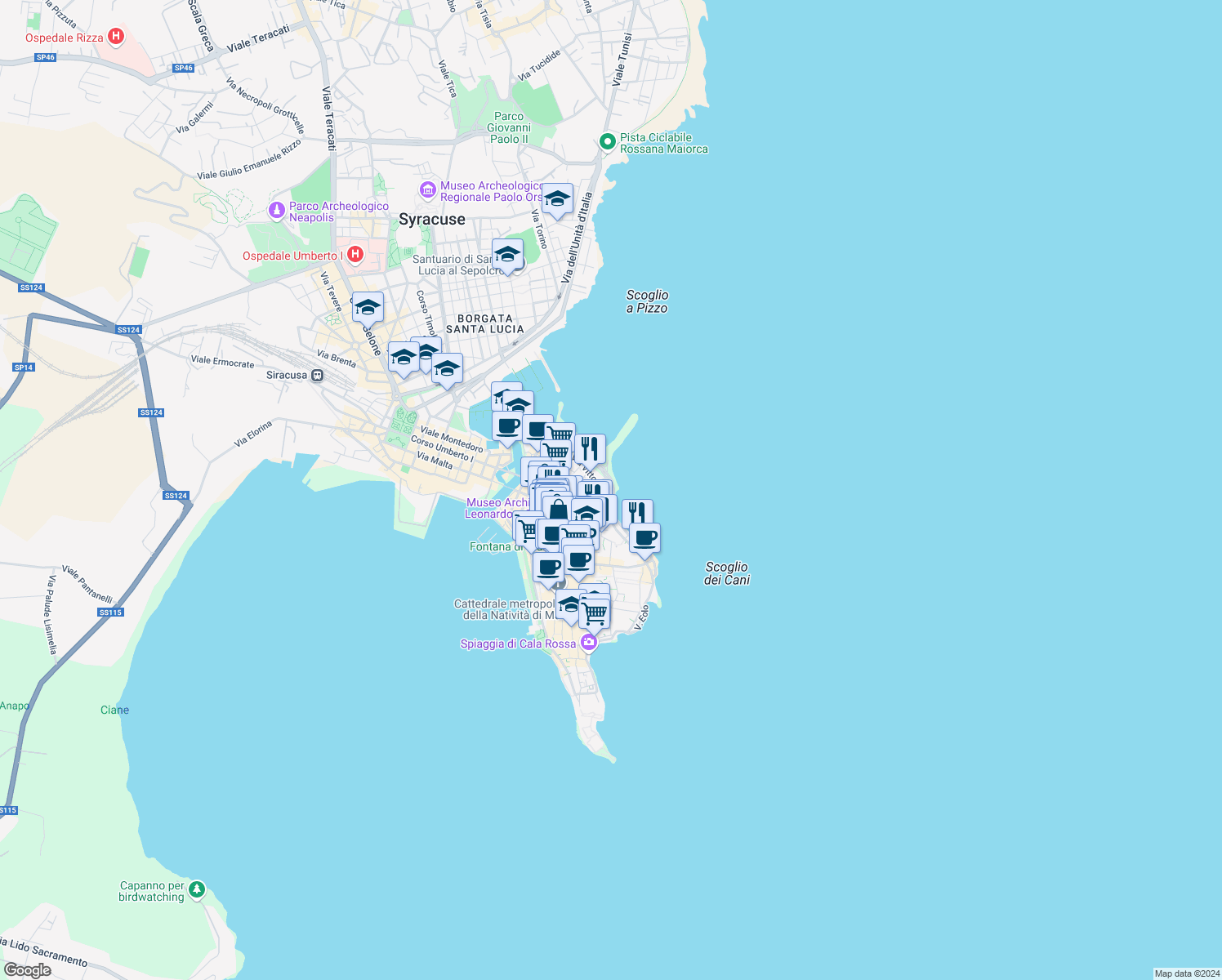 map of restaurants, bars, coffee shops, grocery stores, and more near 139 Via Vittorio Veneto in Syracuse