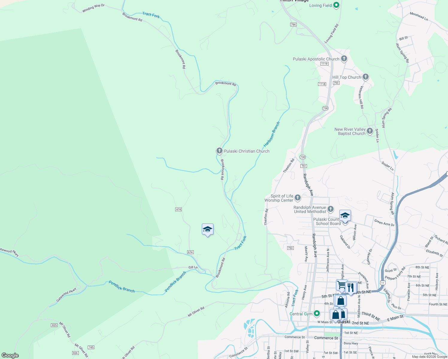 map of restaurants, bars, coffee shops, grocery stores, and more near 4466 Brookmont Road in Pulaski