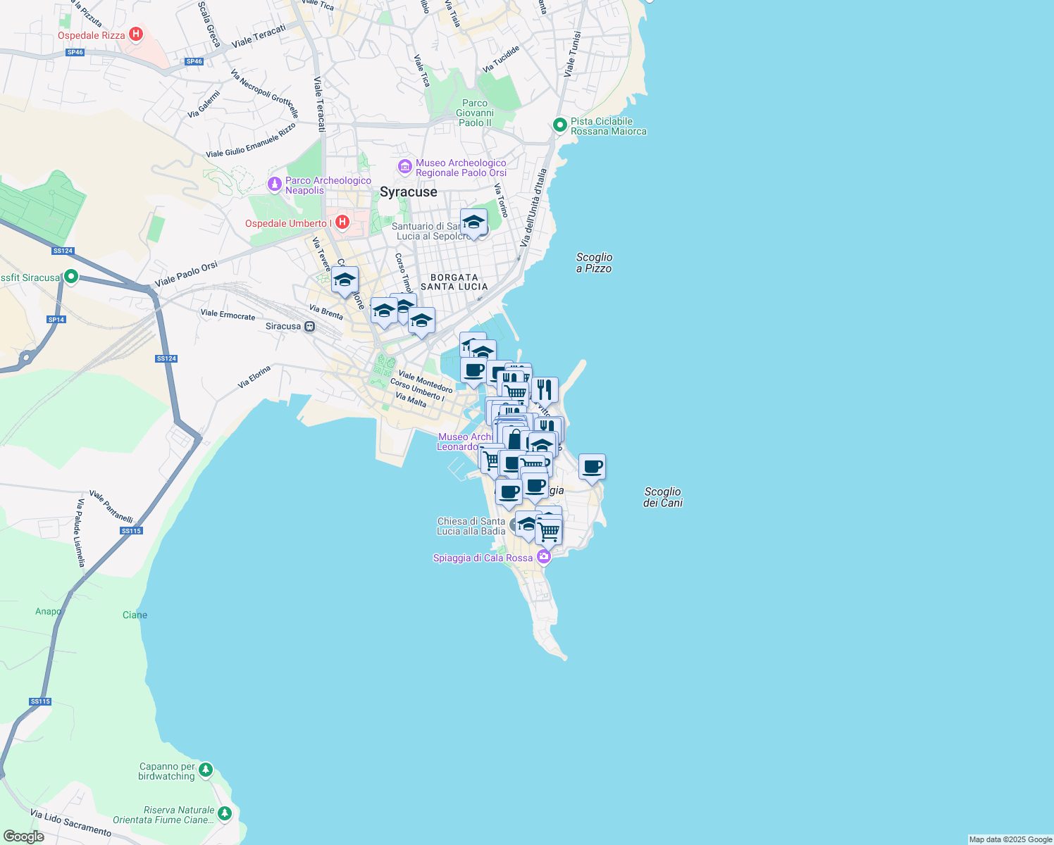 map of restaurants, bars, coffee shops, grocery stores, and more near 104 Via Dione in Syracuse