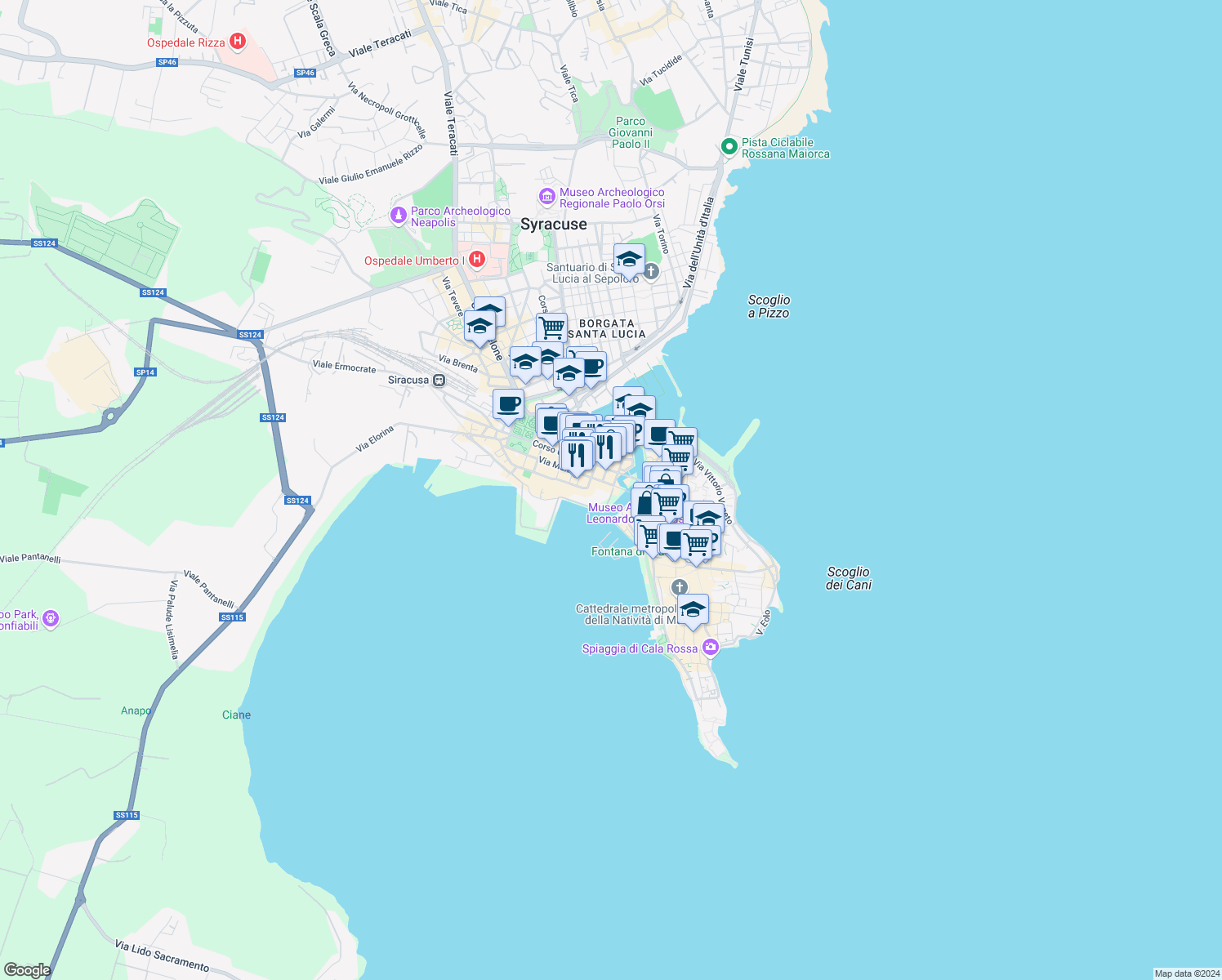 map of restaurants, bars, coffee shops, grocery stores, and more near 13 Corso Umberto I in Siracusa