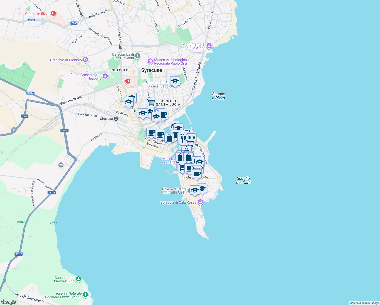 map of restaurants, bars, coffee shops, grocery stores, and more near 3 Via Guglielmo Perno in Siracusa