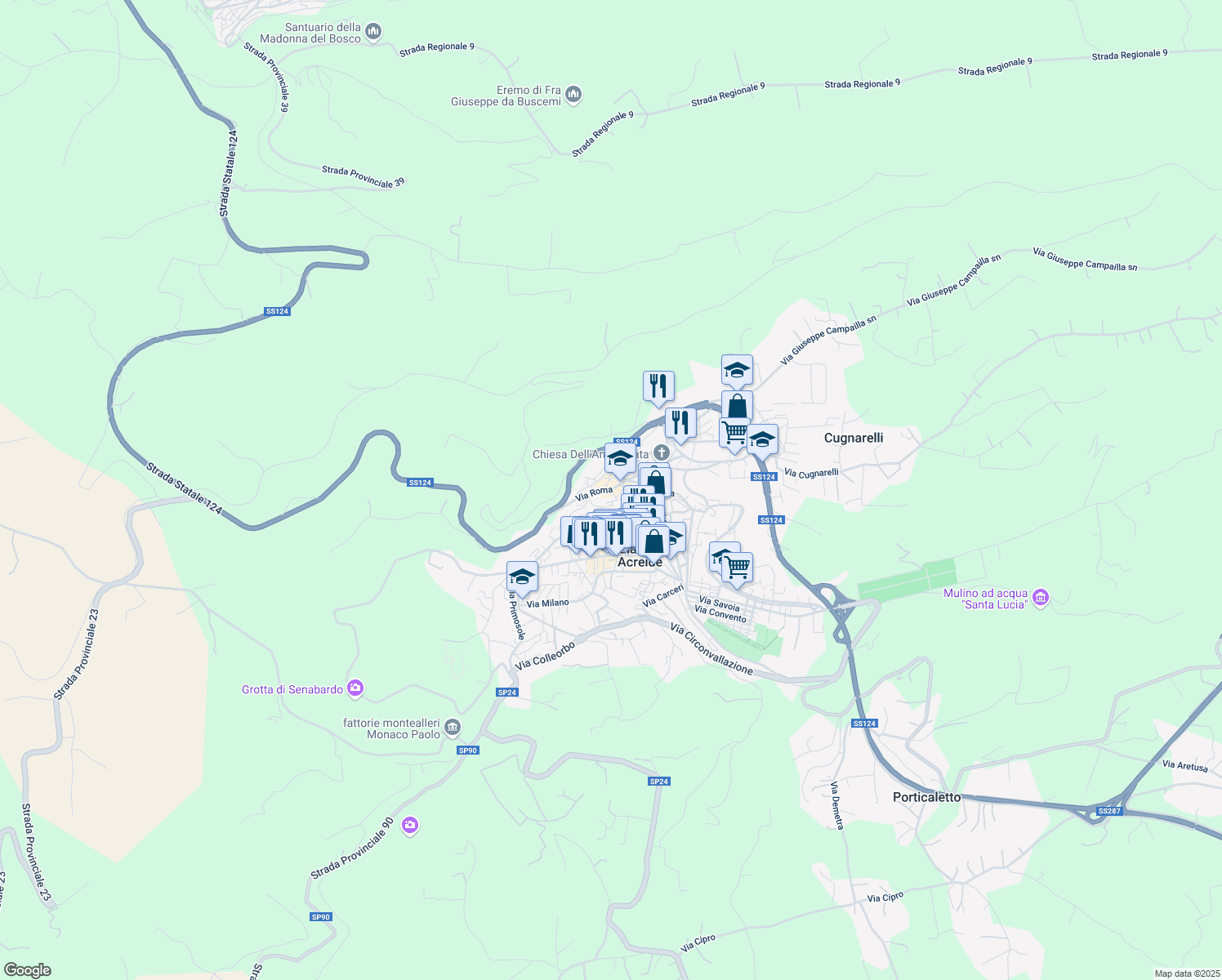 map of restaurants, bars, coffee shops, grocery stores, and more near 49 Via Castelvecchio in Palazzolo Acreide