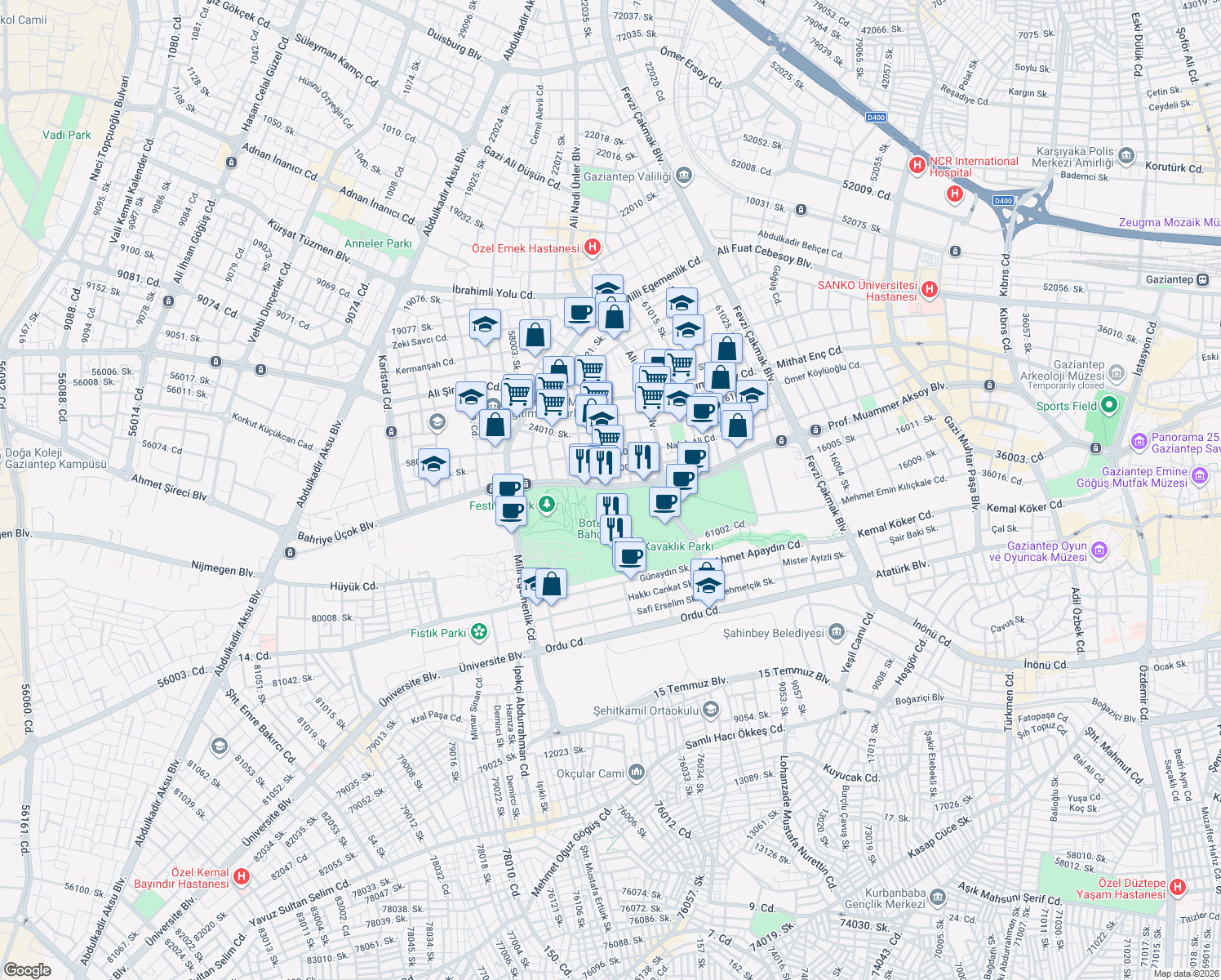 map of restaurants, bars, coffee shops, grocery stores, and more near 27 Zübeyde Hanım Bulvarı in Şehitkamil
