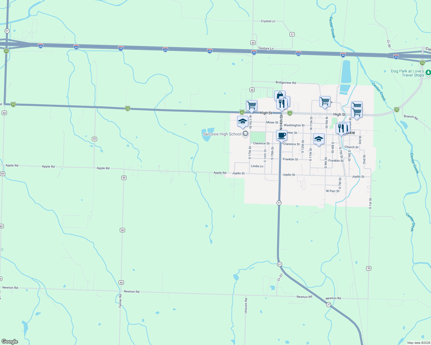 map of restaurants, bars, coffee shops, grocery stores, and more near 4966 Apple Rd in Sarcoxie