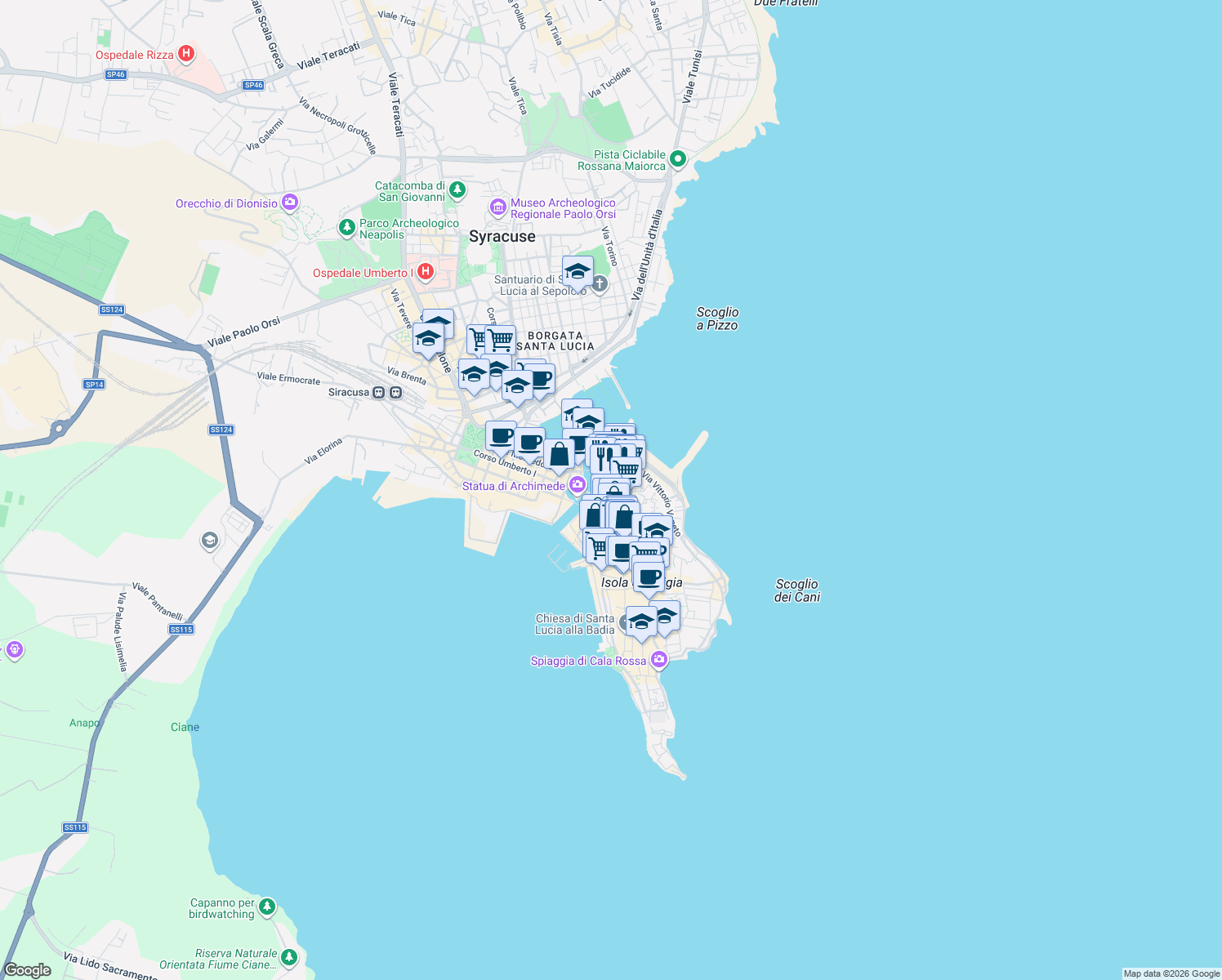 map of restaurants, bars, coffee shops, grocery stores, and more near 3 Via Guglielmo Perno in Siracusa