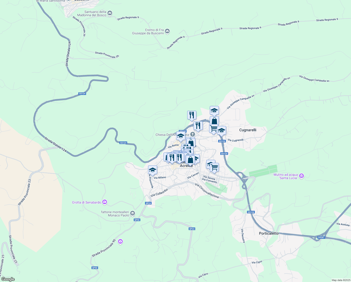 map of restaurants, bars, coffee shops, grocery stores, and more near 49 Via Castelvecchio in Palazzolo Acreide