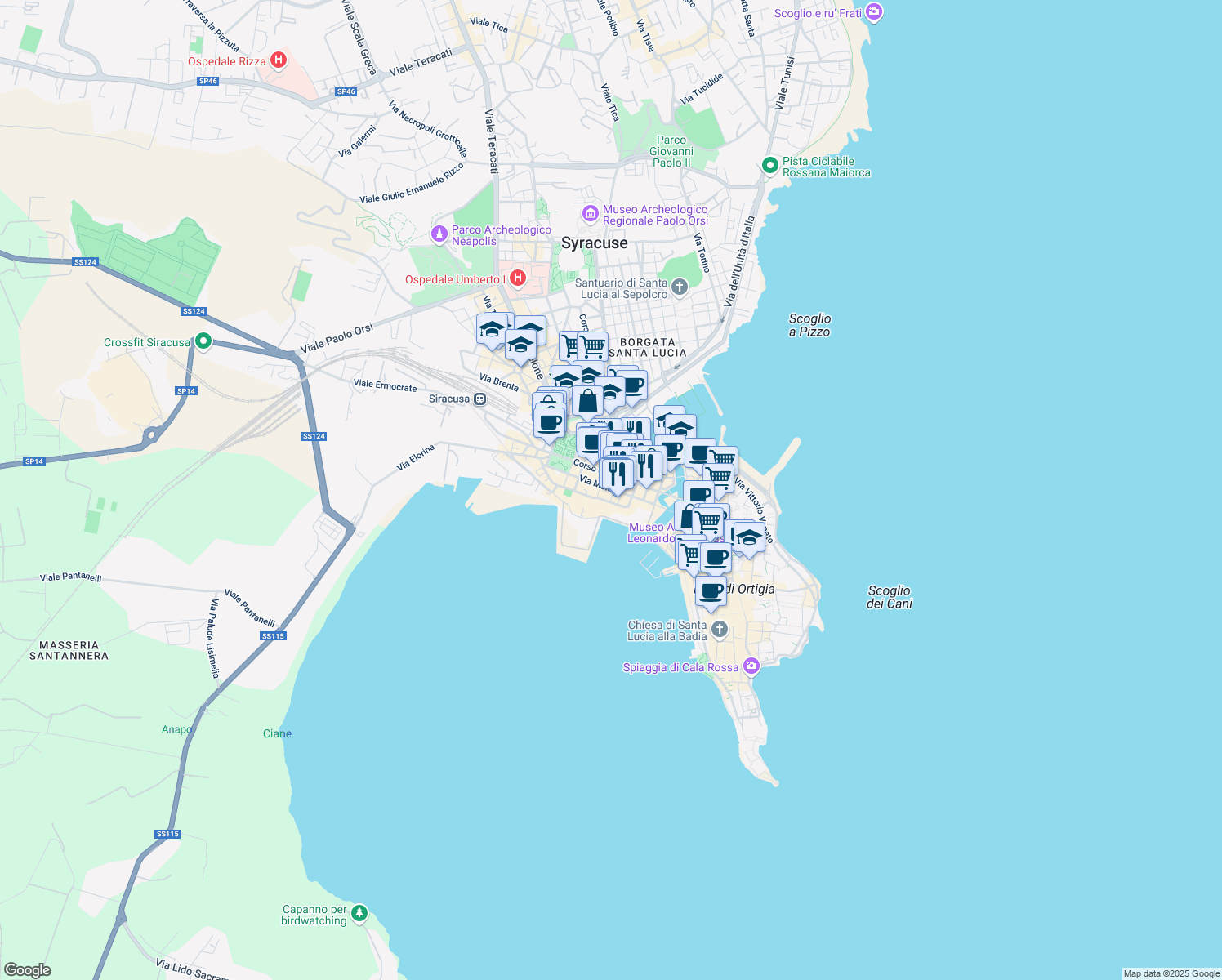 map of restaurants, bars, coffee shops, grocery stores, and more near 42 Via Malta in Siracusa