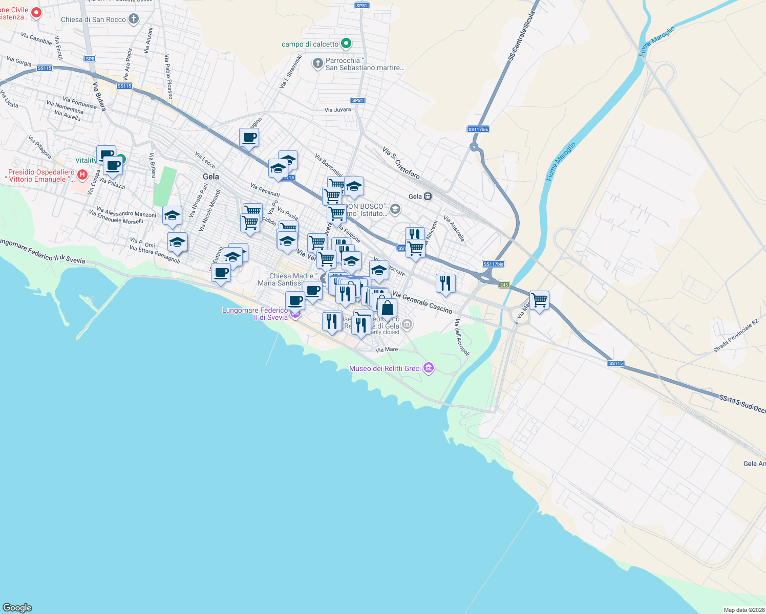 map of restaurants, bars, coffee shops, grocery stores, and more near 5 Via Stesicoro in Gela