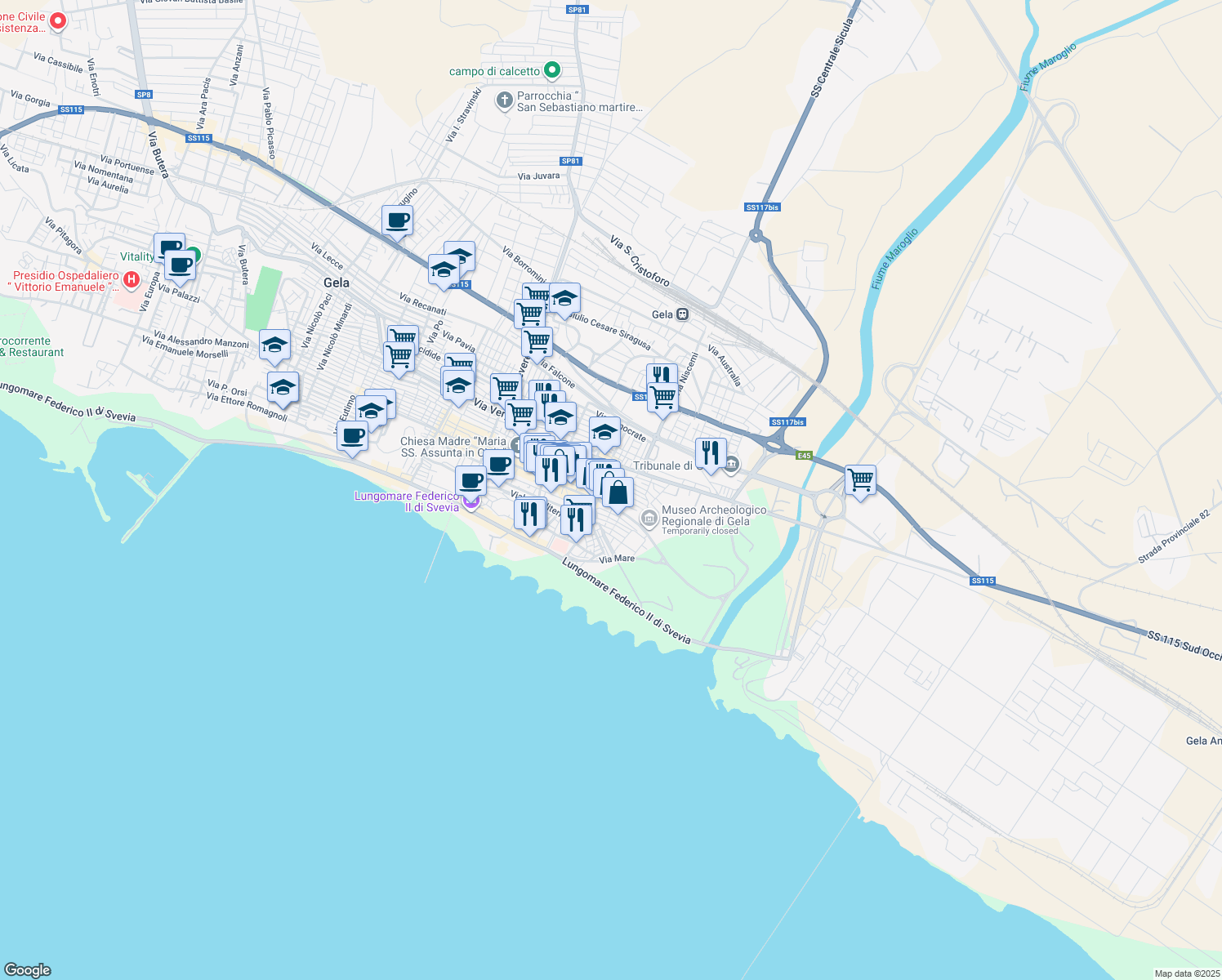 map of restaurants, bars, coffee shops, grocery stores, and more near 5 Via Stesicoro in Gela