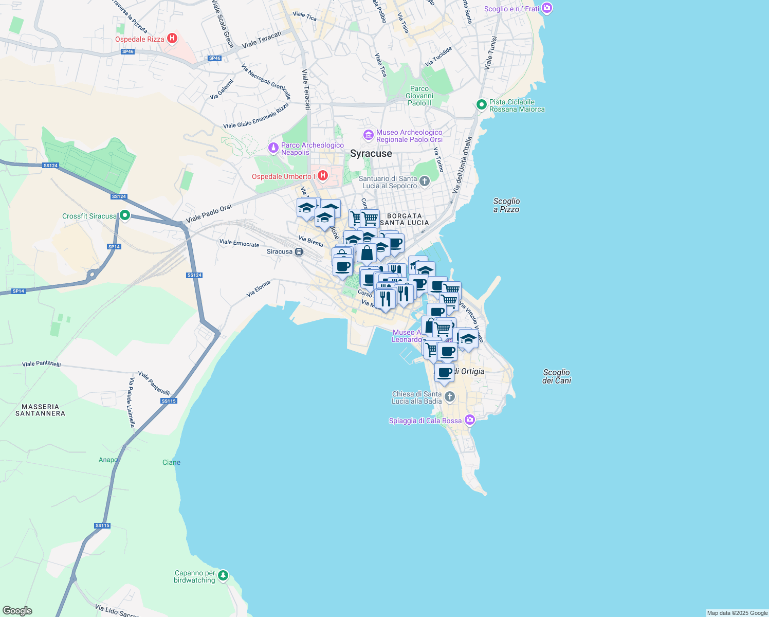 map of restaurants, bars, coffee shops, grocery stores, and more near 42 Via Malta in Siracusa