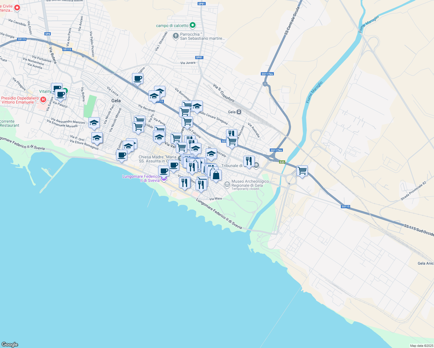 map of restaurants, bars, coffee shops, grocery stores, and more near 5 Via Stesicoro in Gela