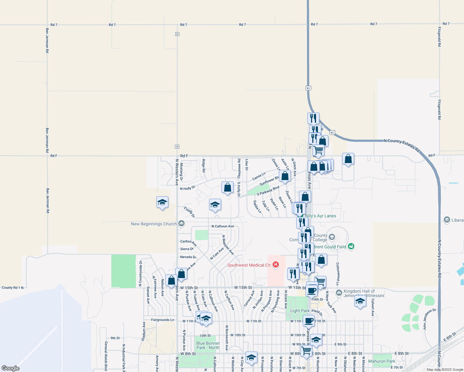 map of restaurants, bars, coffee shops, grocery stores, and more near 830 Apollo St in Liberal