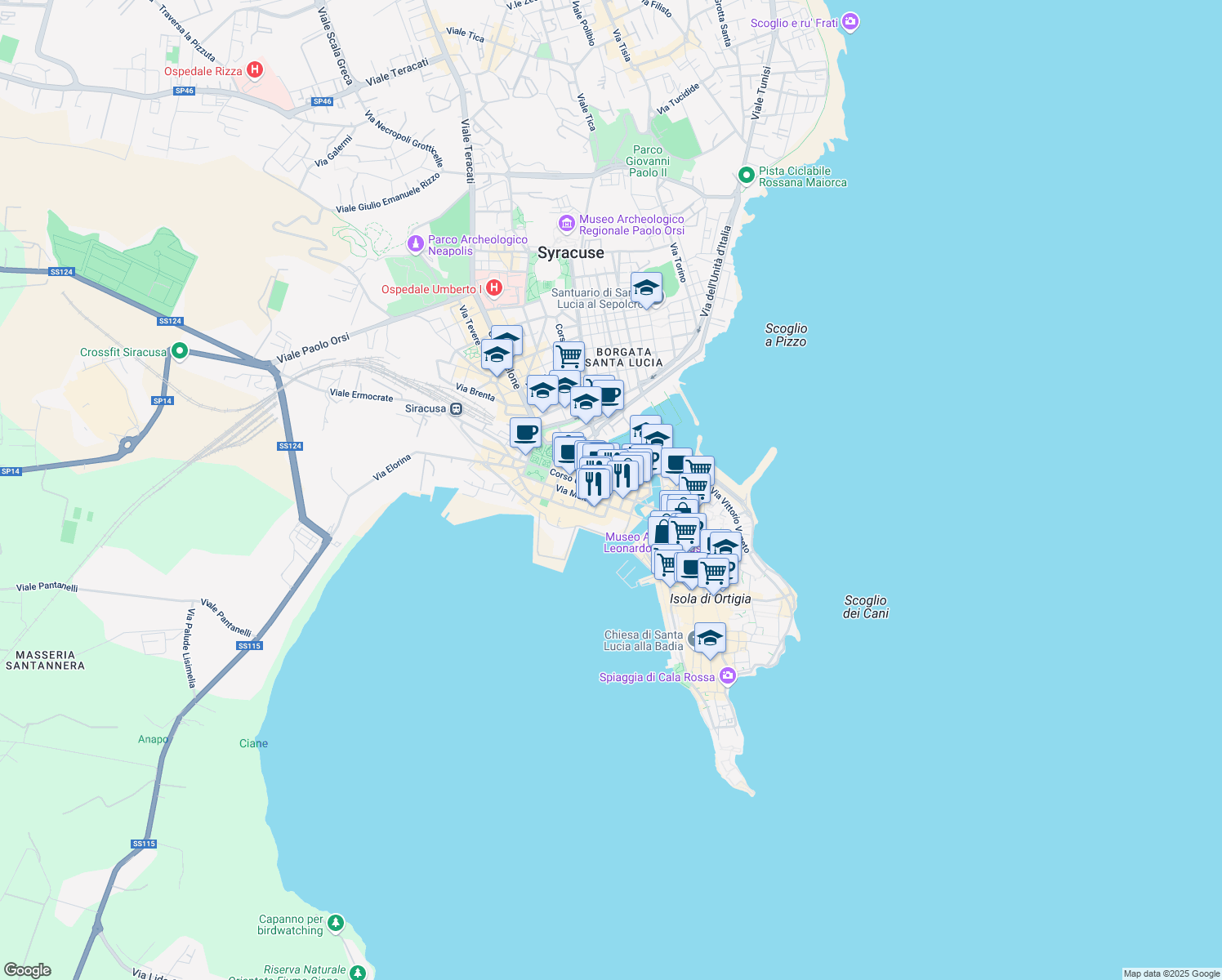 map of restaurants, bars, coffee shops, grocery stores, and more near 13 Corso Umberto I in Syracuse