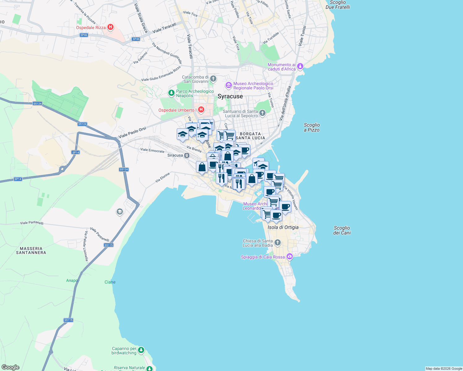 map of restaurants, bars, coffee shops, grocery stores, and more near 3 Via Bengasi in Syracuse