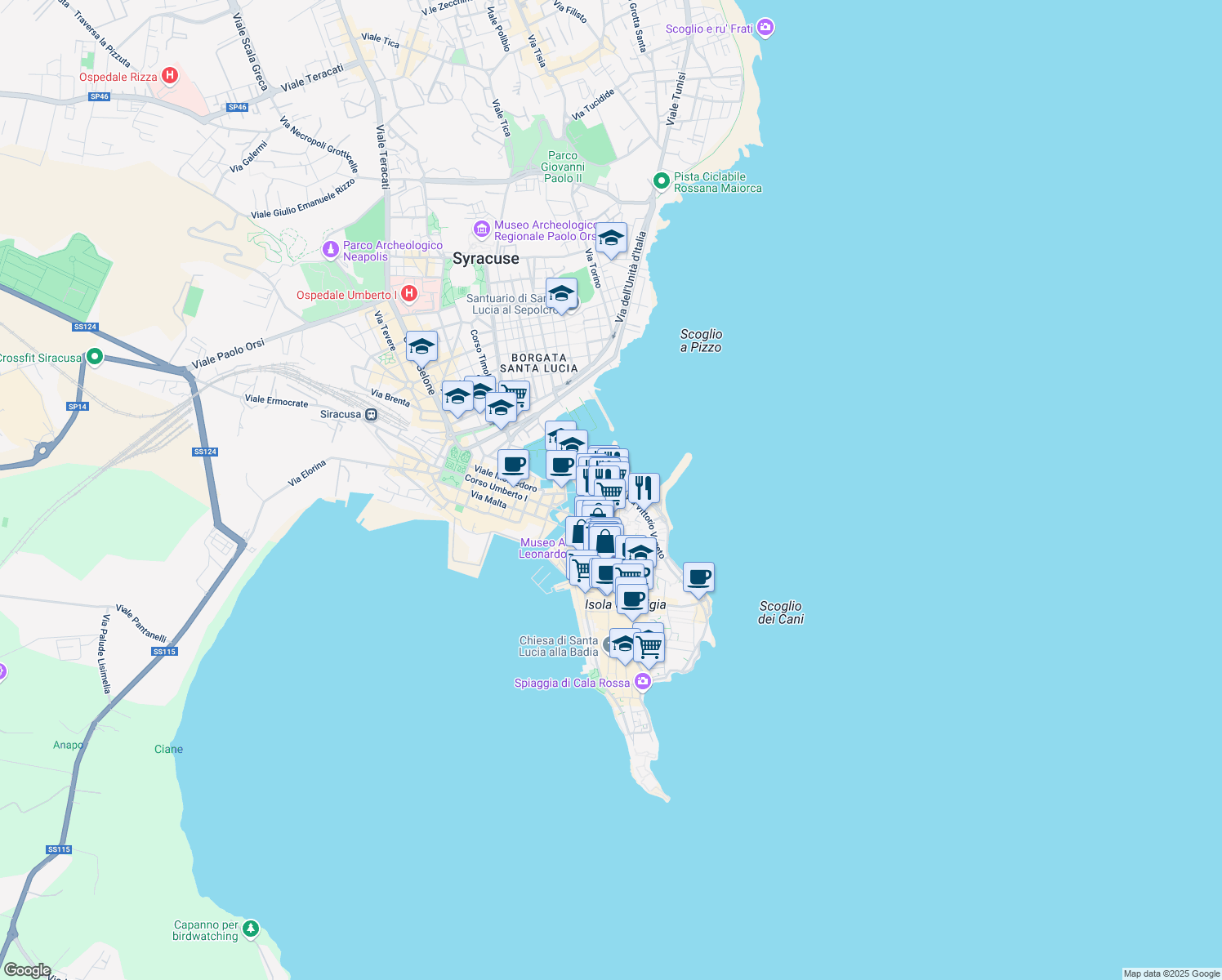 map of restaurants, bars, coffee shops, grocery stores, and more near 43 Via Trento in Siracusa