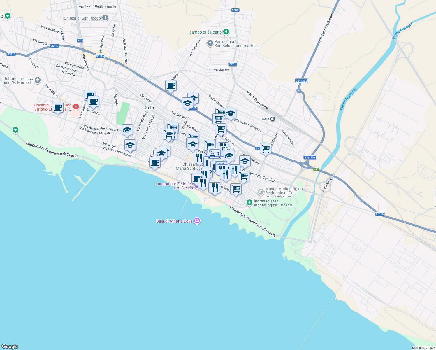 map of restaurants, bars, coffee shops, grocery stores, and more near 17 Via Matrice in Gela