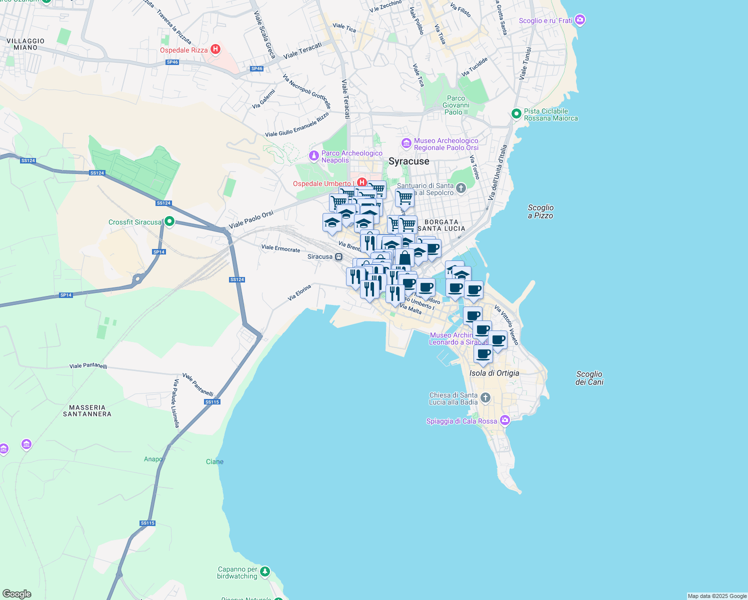 map of restaurants, bars, coffee shops, grocery stores, and more near 10 Piazza Guglielmo Marconi in Siracusa
