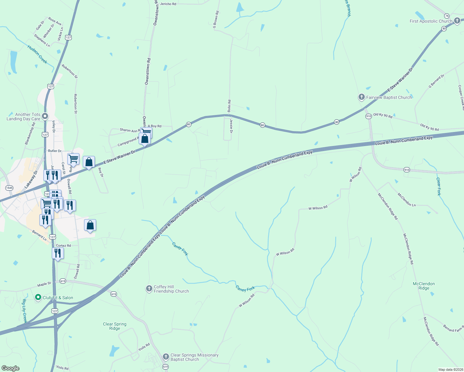 map of restaurants, bars, coffee shops, grocery stores, and more near Cumberland Parkway in Russell Springs