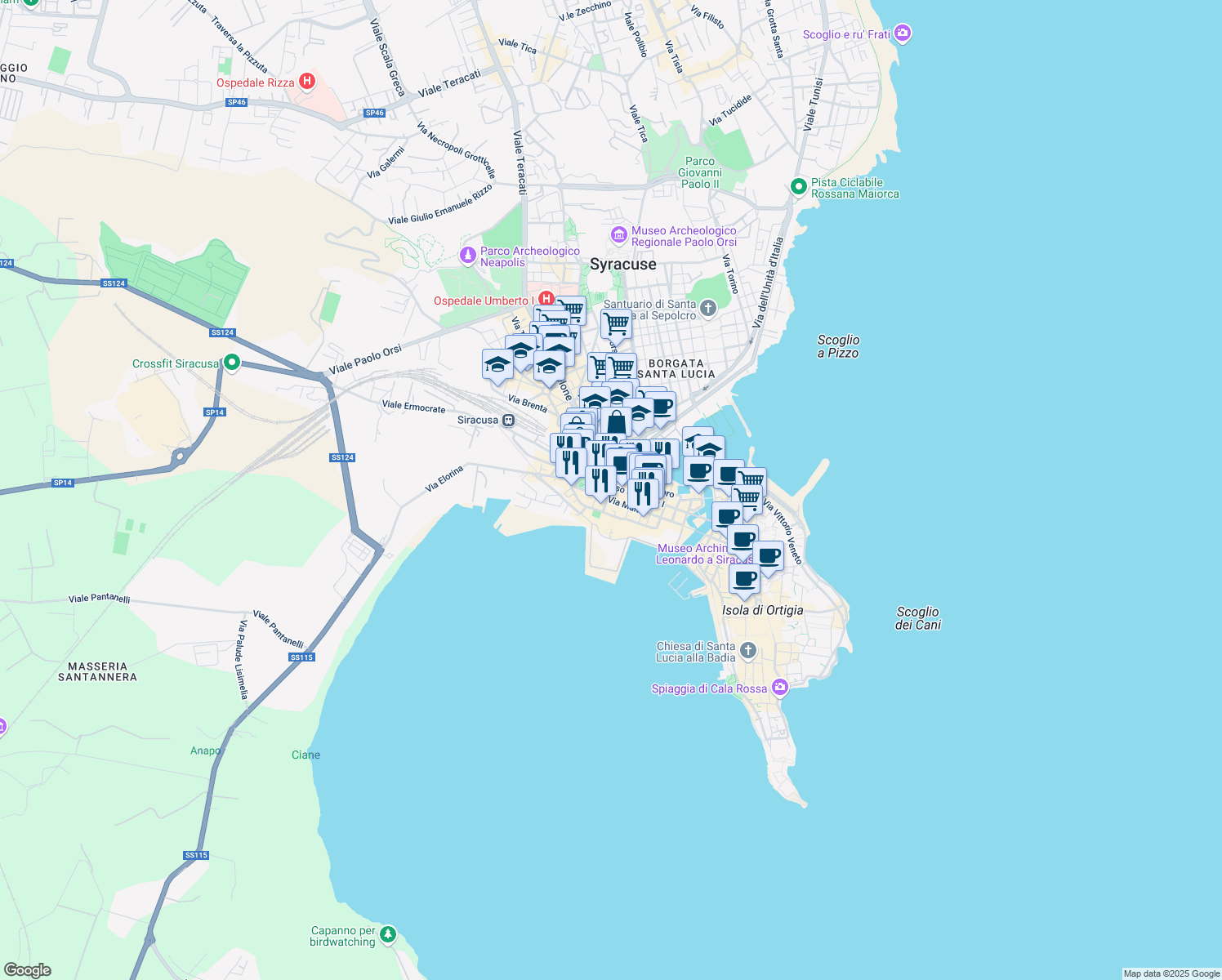 map of restaurants, bars, coffee shops, grocery stores, and more near 20 Via G. B. Perasso in Siracusa