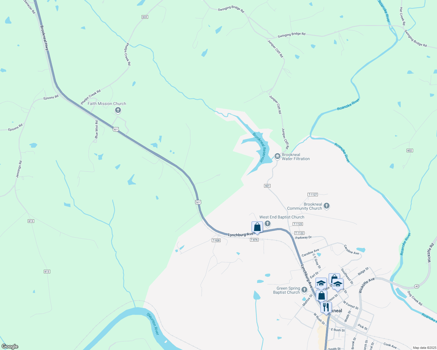 map of restaurants, bars, coffee shops, grocery stores, and more near 17778 Brookneal Highway in Brookneal