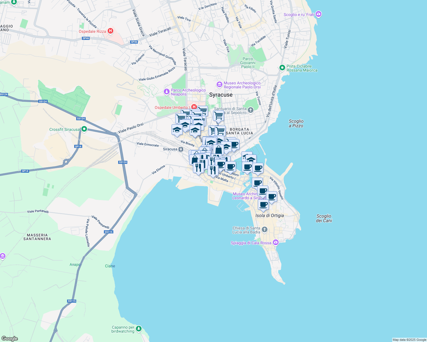 map of restaurants, bars, coffee shops, grocery stores, and more near in Siracusa