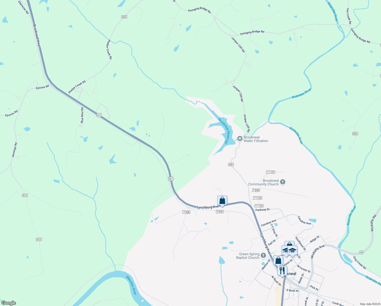 map of restaurants, bars, coffee shops, grocery stores, and more near 17778 Brookneal Highway in Brookneal