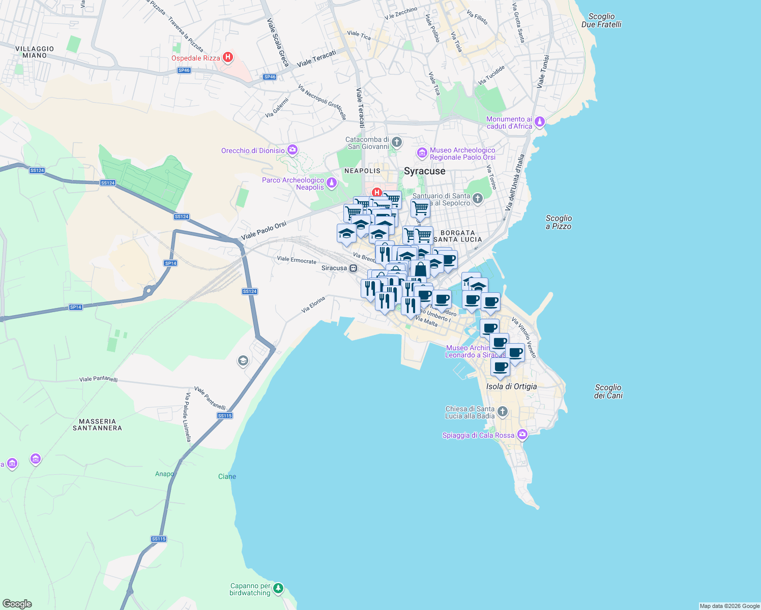 map of restaurants, bars, coffee shops, grocery stores, and more near 3 Via Elorina in Siracusa