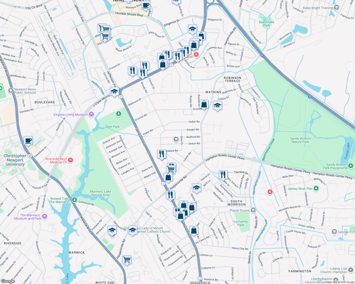 map of restaurants, bars, coffee shops, grocery stores, and more near 33 Sinton Road in Newport News