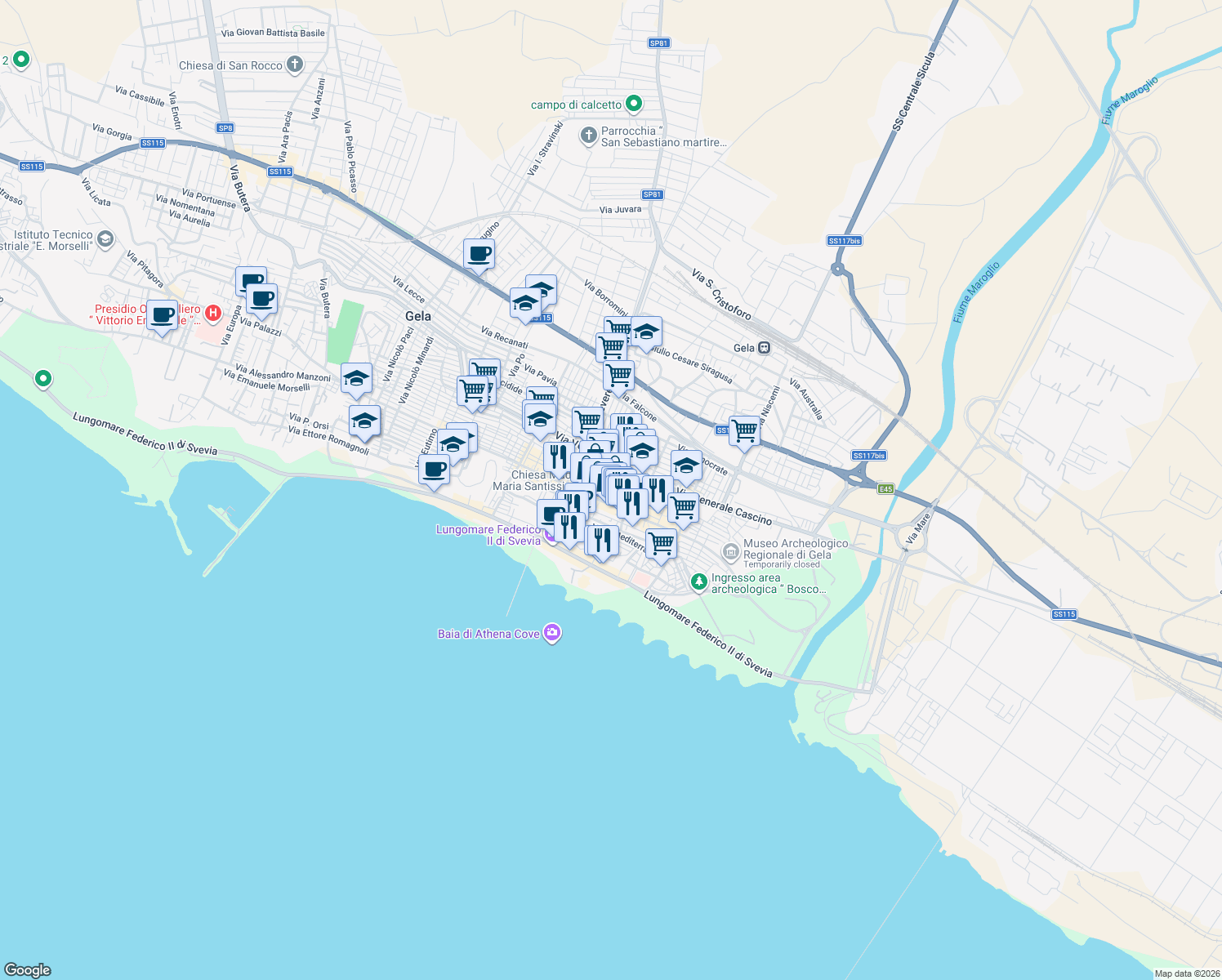 map of restaurants, bars, coffee shops, grocery stores, and more near 17 Via Matrice in Gela