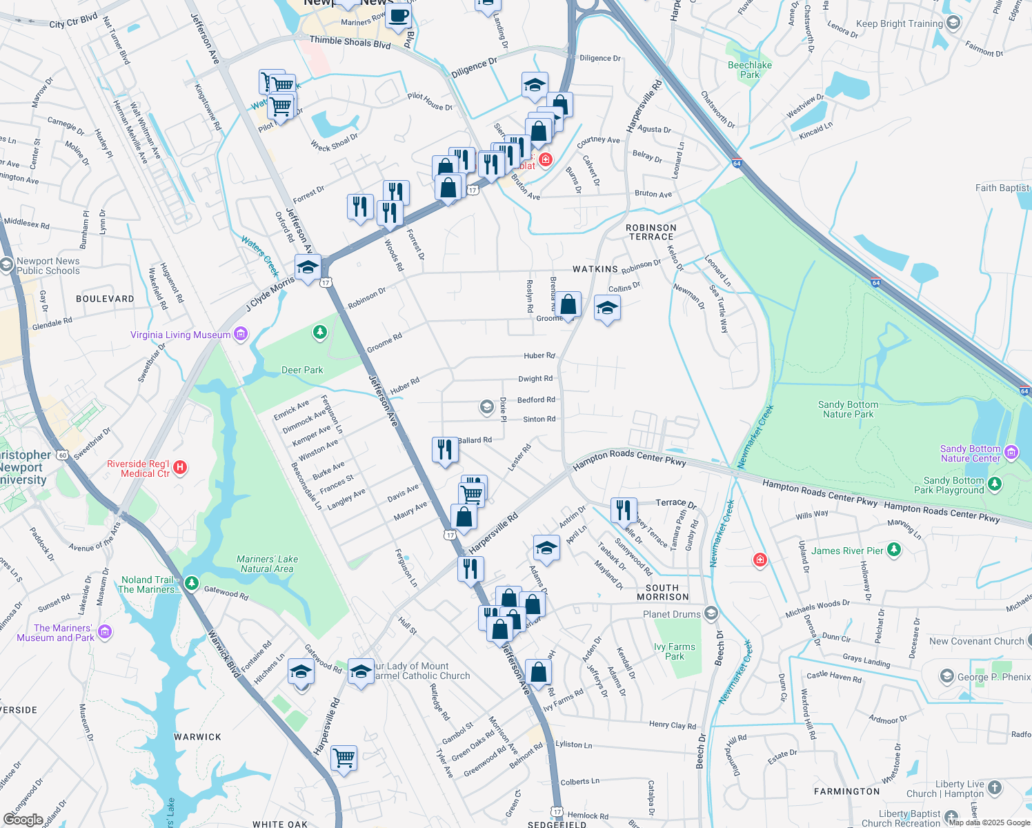 map of restaurants, bars, coffee shops, grocery stores, and more near 43 Sinton Road in Newport News