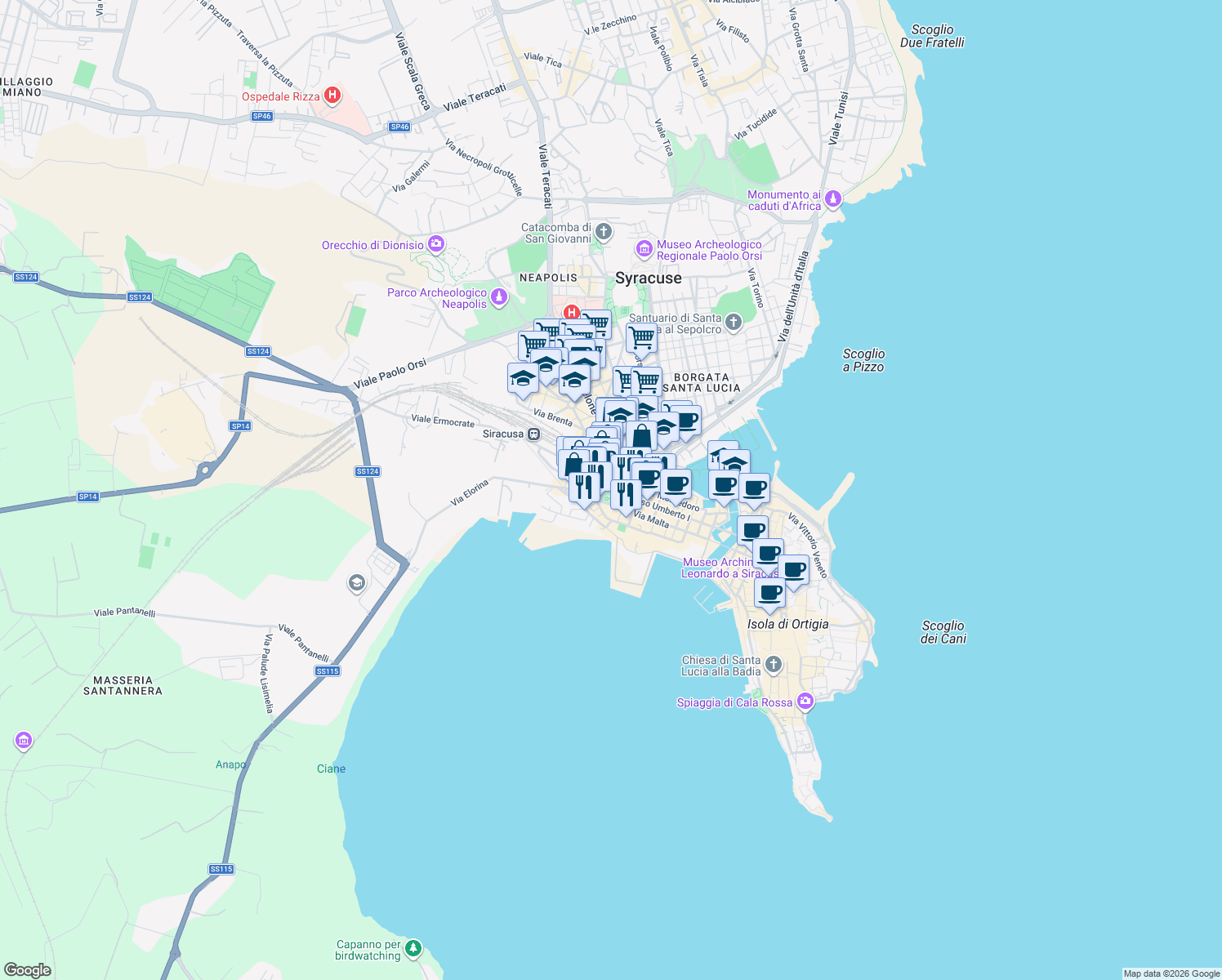 map of restaurants, bars, coffee shops, grocery stores, and more near in Siracusa