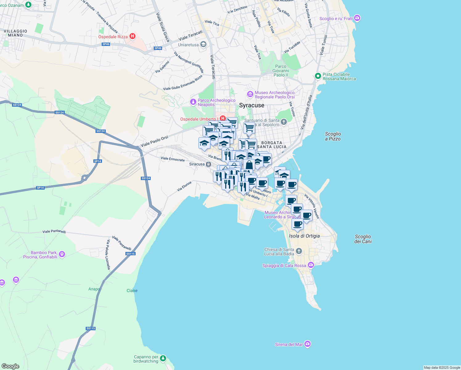 map of restaurants, bars, coffee shops, grocery stores, and more near 10 Piazzale Guglielmo Marconi in Siracusa