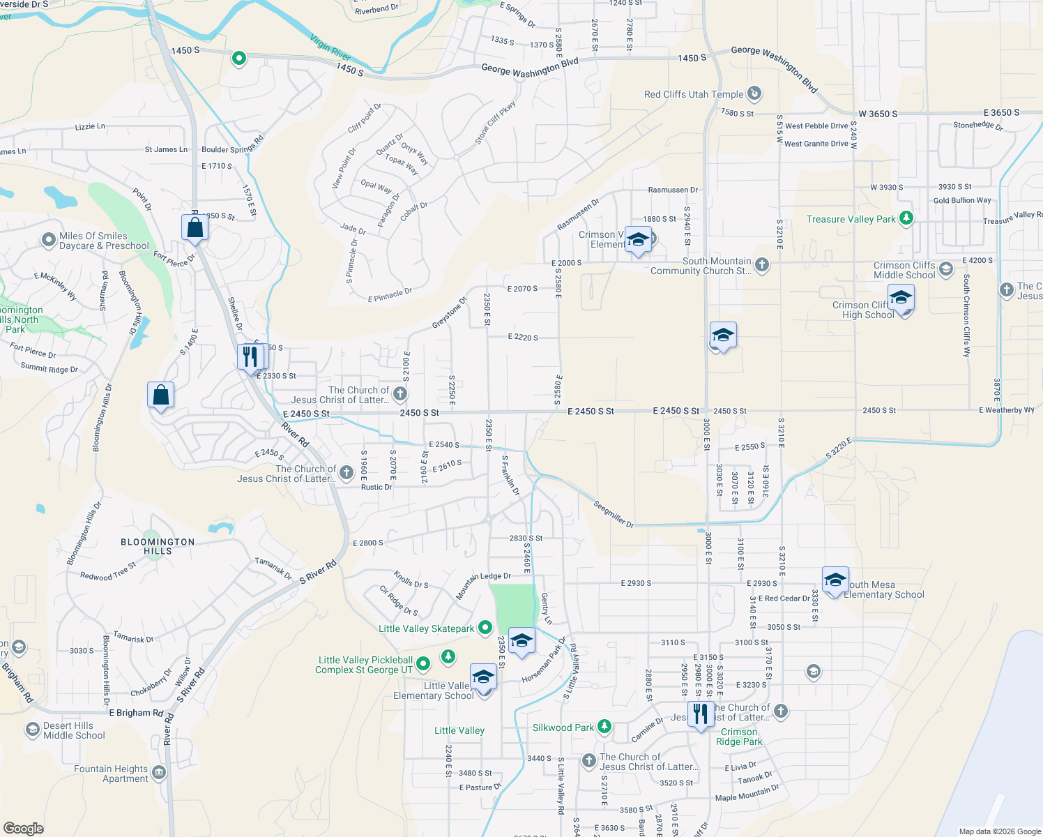 map of restaurants, bars, coffee shops, grocery stores, and more near 2462 South Little Valley Road in St. George