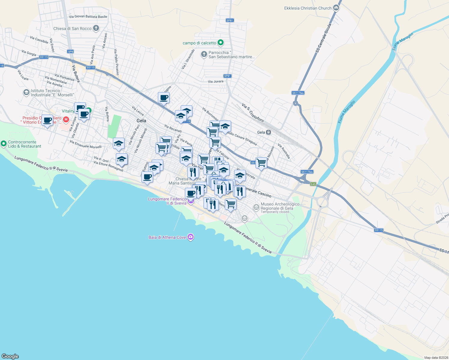 map of restaurants, bars, coffee shops, grocery stores, and more near 68 Via Generale Cascino in Gela