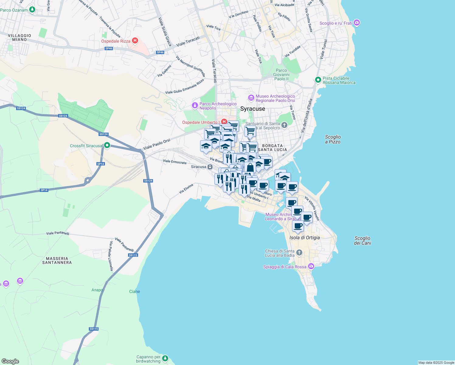 map of restaurants, bars, coffee shops, grocery stores, and more near 10 Piazza Guglielmo Marconi in Siracusa