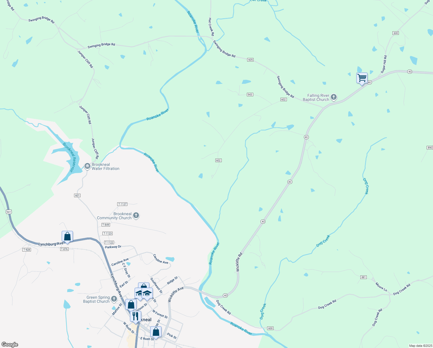 map of restaurants, bars, coffee shops, grocery stores, and more near 1016 Davidson Road in Brookneal