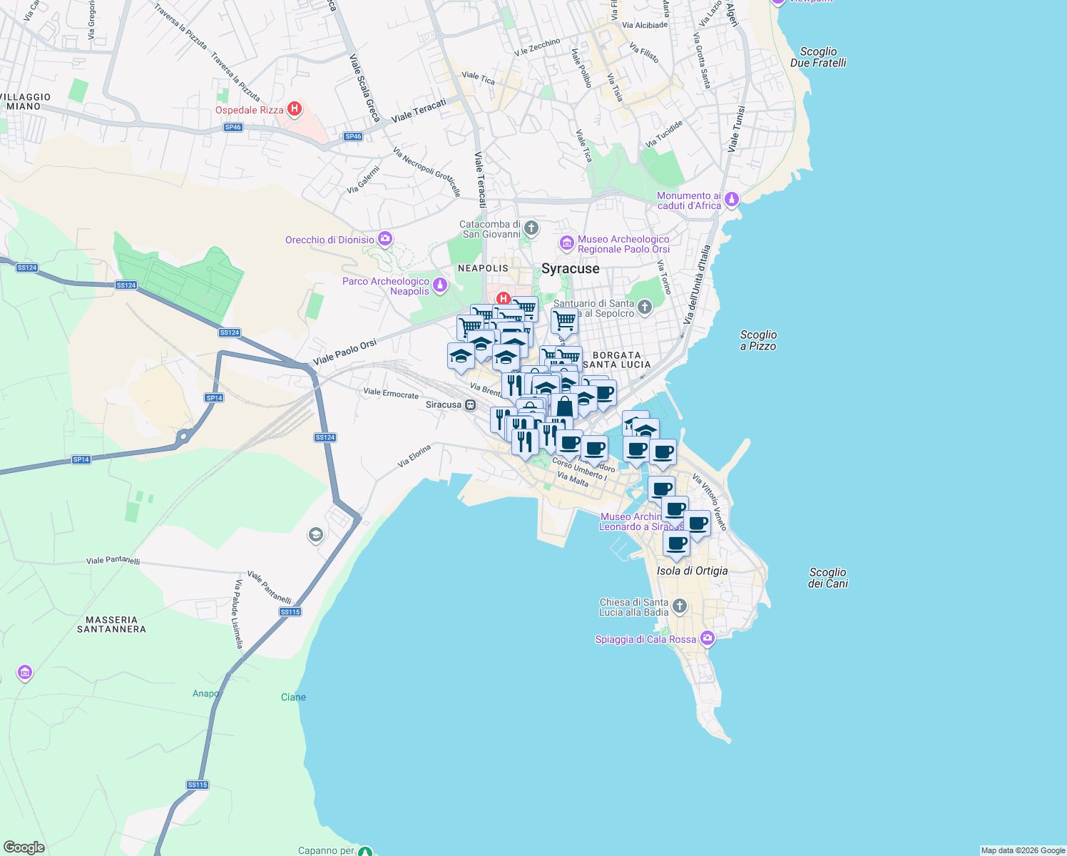 map of restaurants, bars, coffee shops, grocery stores, and more near Largo Nicola Calipari in Syracuse